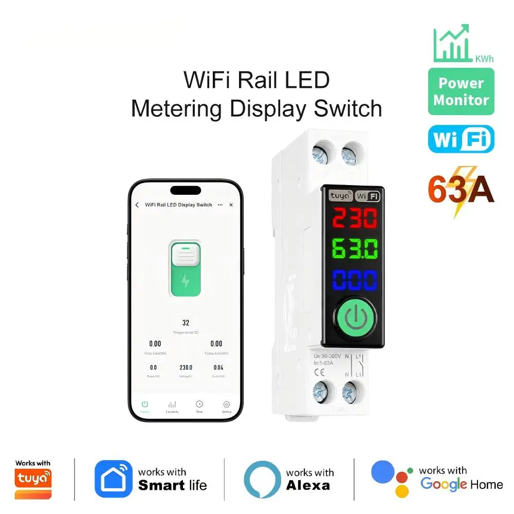 1‑63A WiFi Smart Circuit Breaker Tuya Smart Life APP Remote Control Energy Meter Over Under Voltage Overcurrent TEMP Protection