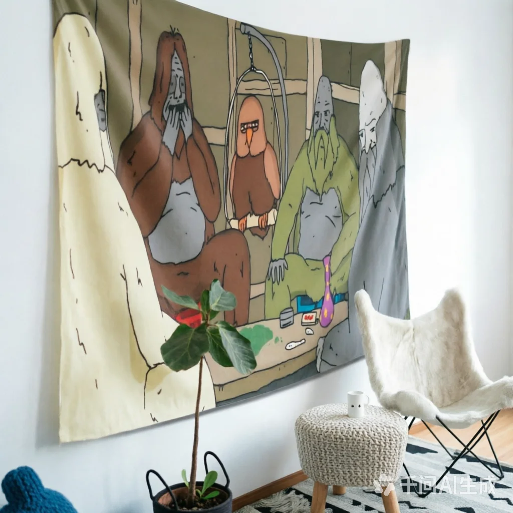 Cartoon Characters Wall Tapestry, Funny Group Indoor Scene Wall Hanging, Meme Aesthetic Bedroom Dorm Man Cave Decor Tapestry