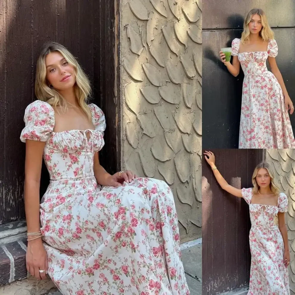 Dames nieuwe retro sprookjesstijl casual bubble mouw korte mouwen slim fit vierkante hals bloemenprint laag uitgesneden jurk