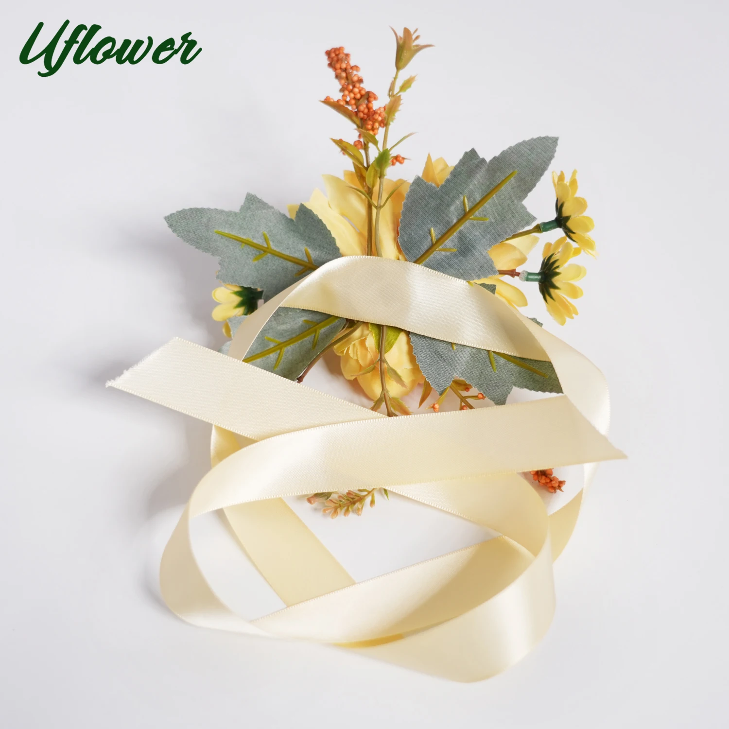 Uflower 노란색 신부 손목 코사지, 소녀, 홈 커밍, 결혼식, 기념일을위한 어머니 코사지 팔찌 장식