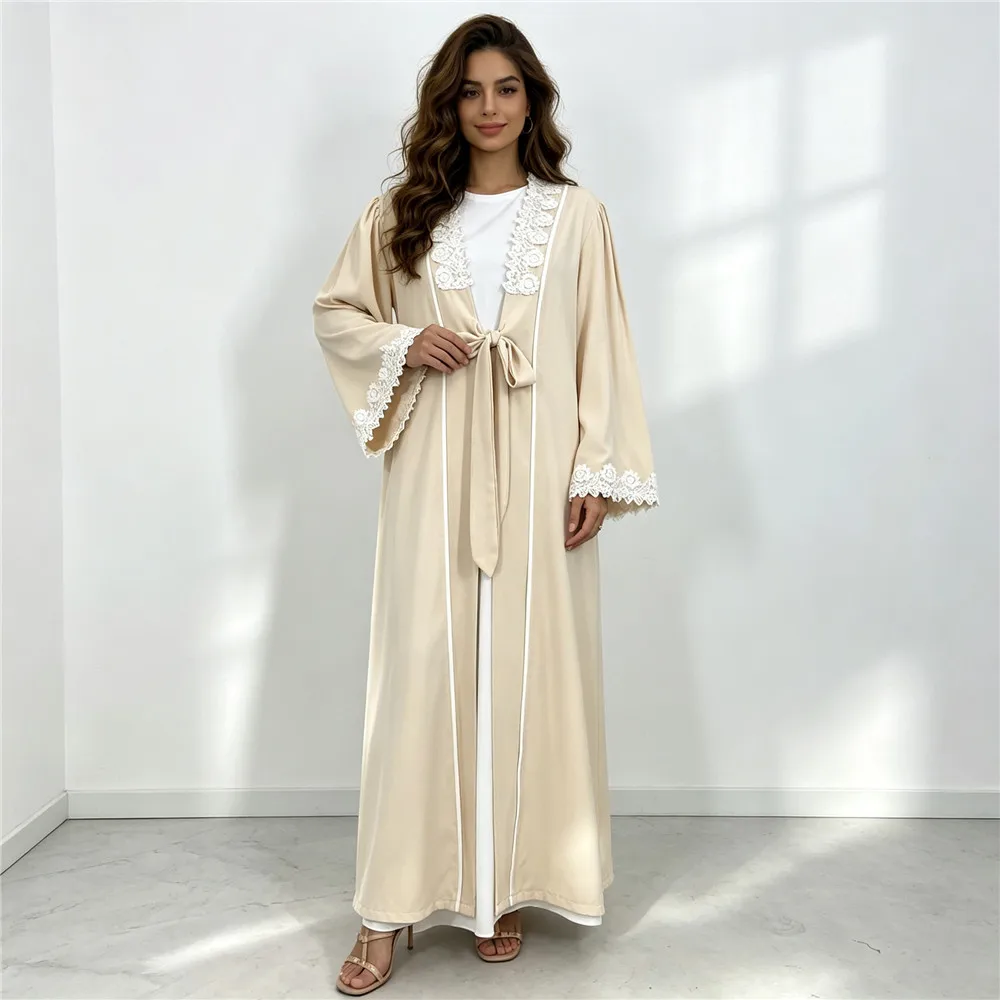 New Lace Abaya Muslim Dresses Dubai Fashion With Pocket Women Long Robe Turkish Moroccan Kaftan Kimono Cardigan Islam Clothing