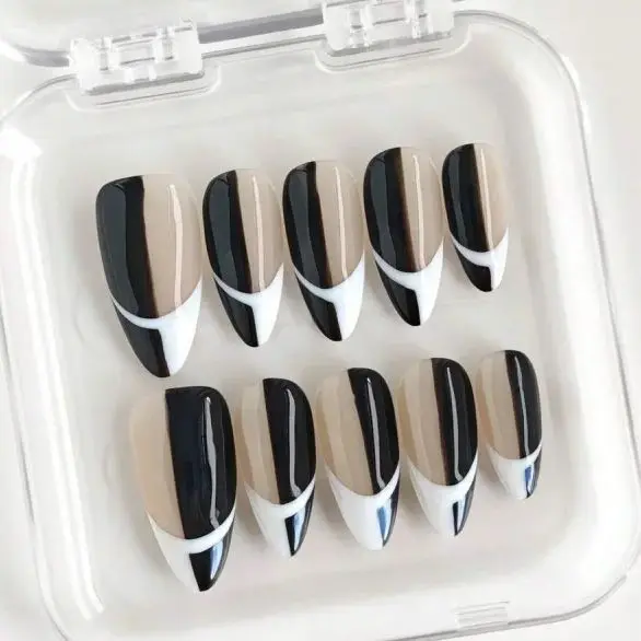 

10pcs Black And White Creative French Long Almond Handmade Press-On Nails,For Women And Girls Vacation Or Everyday Wear