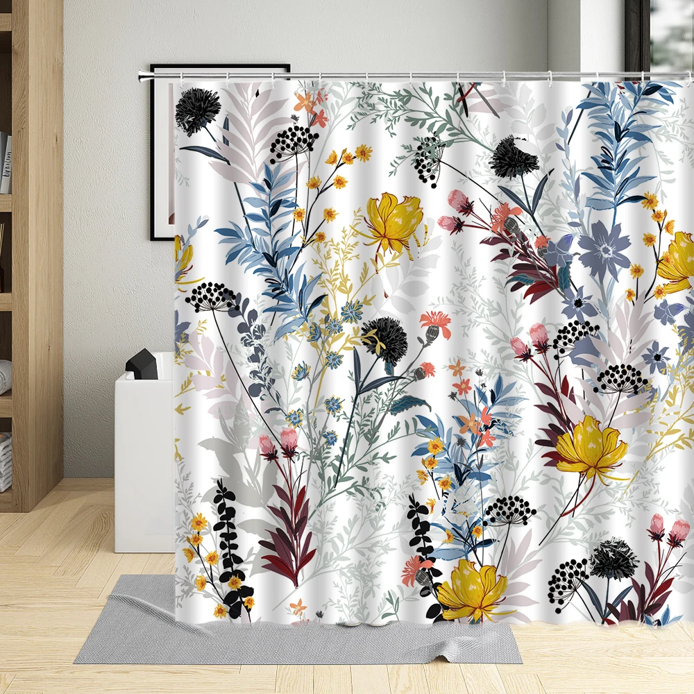 Green Plant Shower Curtain Hooks Flower Leaves Sunflower Watercolor Printing Wall Cloth Bathroom Bathtub Polyester Curtains Sets