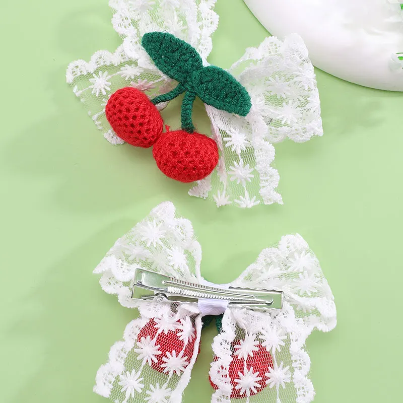 2pcs New Cherry Flower Wool Knitting Hairpin For Girls Sweet Lace Hair Bow Clips Kids Hairgrip Barrette Hair Accessories