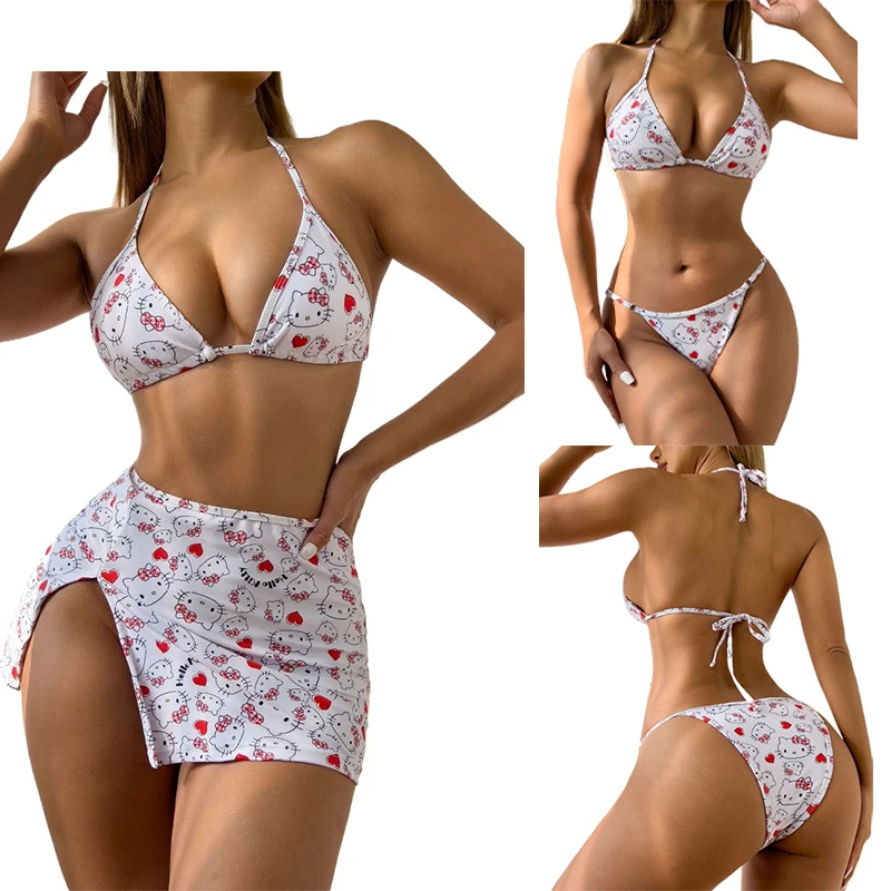 

3pcs Sanrio Hello Kitty Bikini Set Anime Summer Women Swimsuit Bandage Padded Bra Sexy Female Swimwear Beach Bathing Clothing