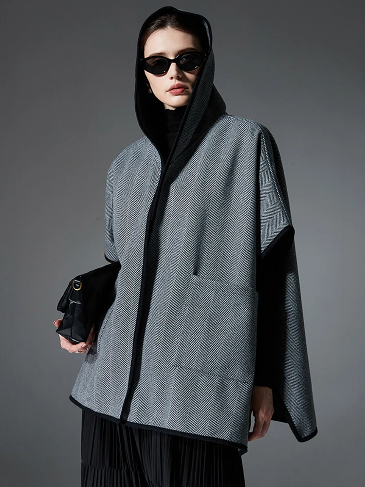 

Autumn Winter Women Lady Layers Poncho Elegant Striped Hooded Cardigans Wrap Shawl Scarve Capa Para Loose Cloak Coat Fashion New