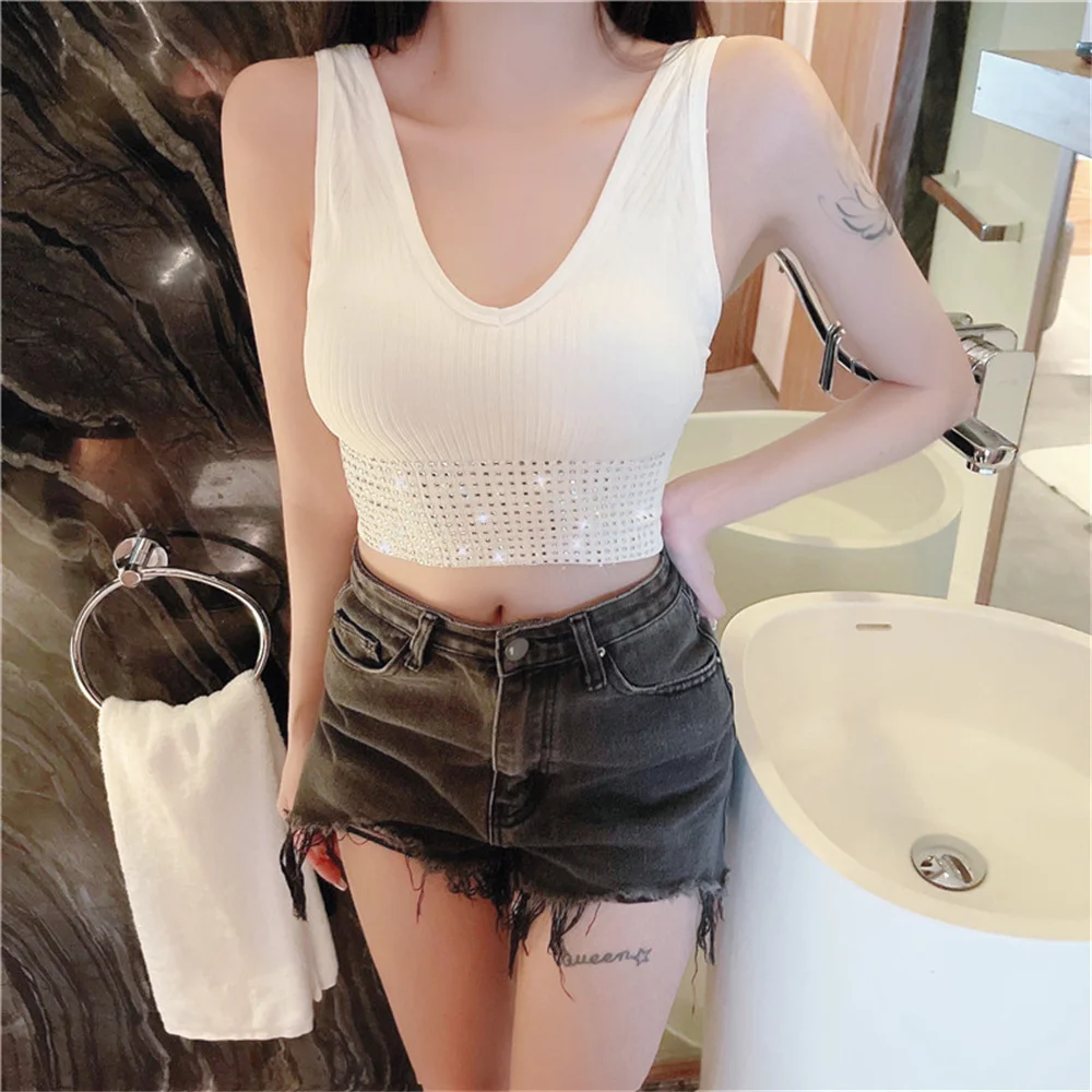 Summer Crop Top Women With Rhinestones O-neck Sleevelss Cropped Feminino Camisole Vest Sexy Knit Backness No Rims Tee Top Corset