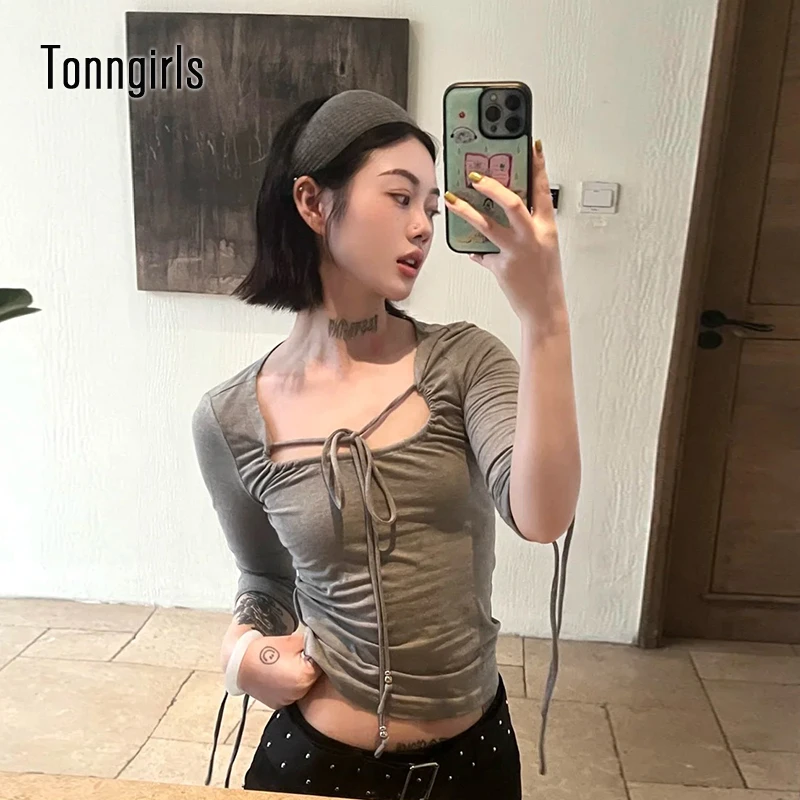 

Tonngirls Y2k японская футболка женская тонкая укороченная футболка с короткими рукавами на шнуровке Fairycore 2000-х годов японские футболки уличная одежда в корейском стиле