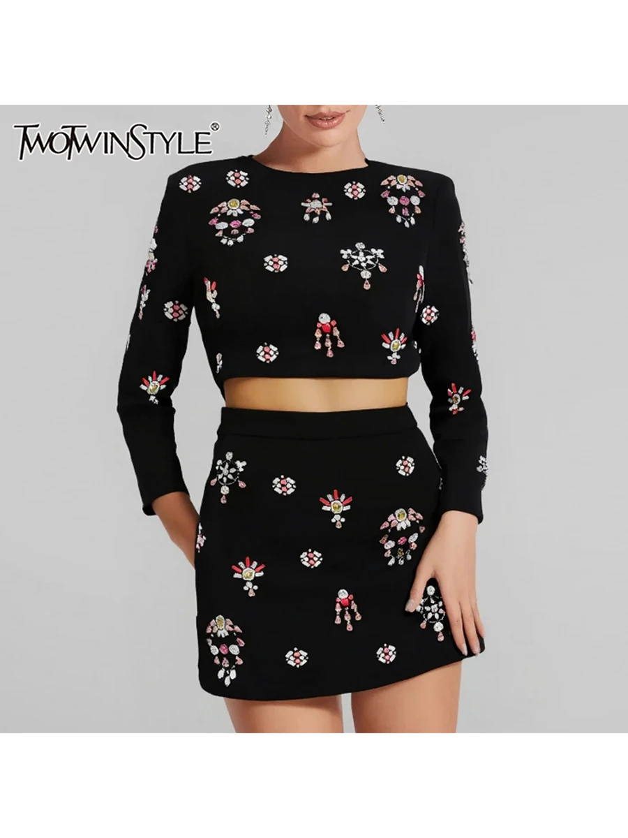 

TWOTWINSTYLE Printing Slimming Two Piece Sets For Women Round Neck Long Sleeves Top High Waist Skirt Elegant Set Female Clothes