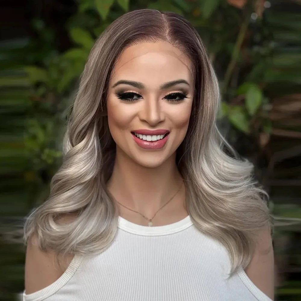 

Platinum Iced Ash Blonde Ombre Balayage Lace Front Wig with Dark Roots Glueless Premium Human Hair Blend HD Lace Synthetic Wig