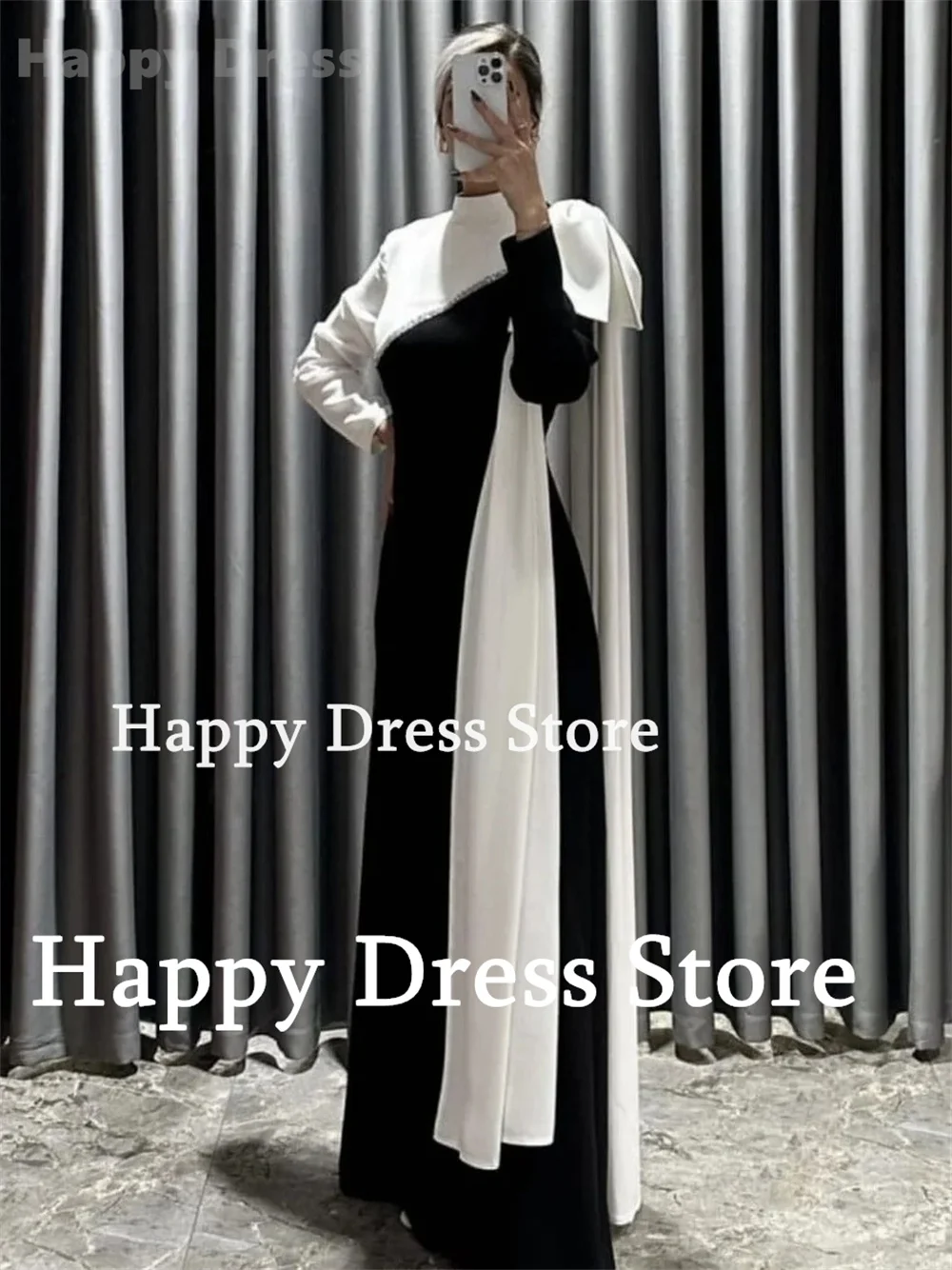 New Classic Muslim Formal Dress Black and White Contrast High Neck Long Sleeves Satin Mermaid Wedding Party Dress Evening Dresse