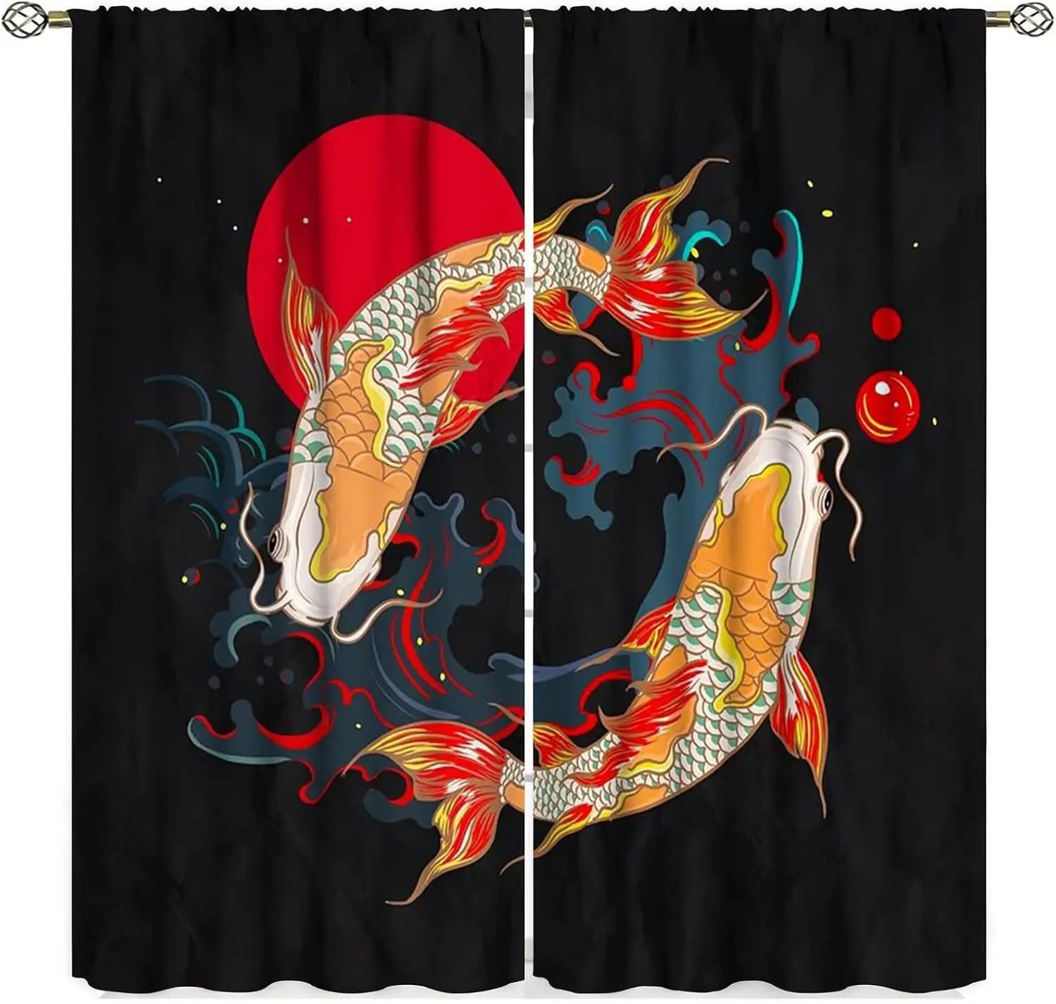 Koi Fish Curtains,Japanese Traditional Style Fantasy Yin Yang Big Wave Koi Cherry Blossom Room Window Curtains,42x45in Decor