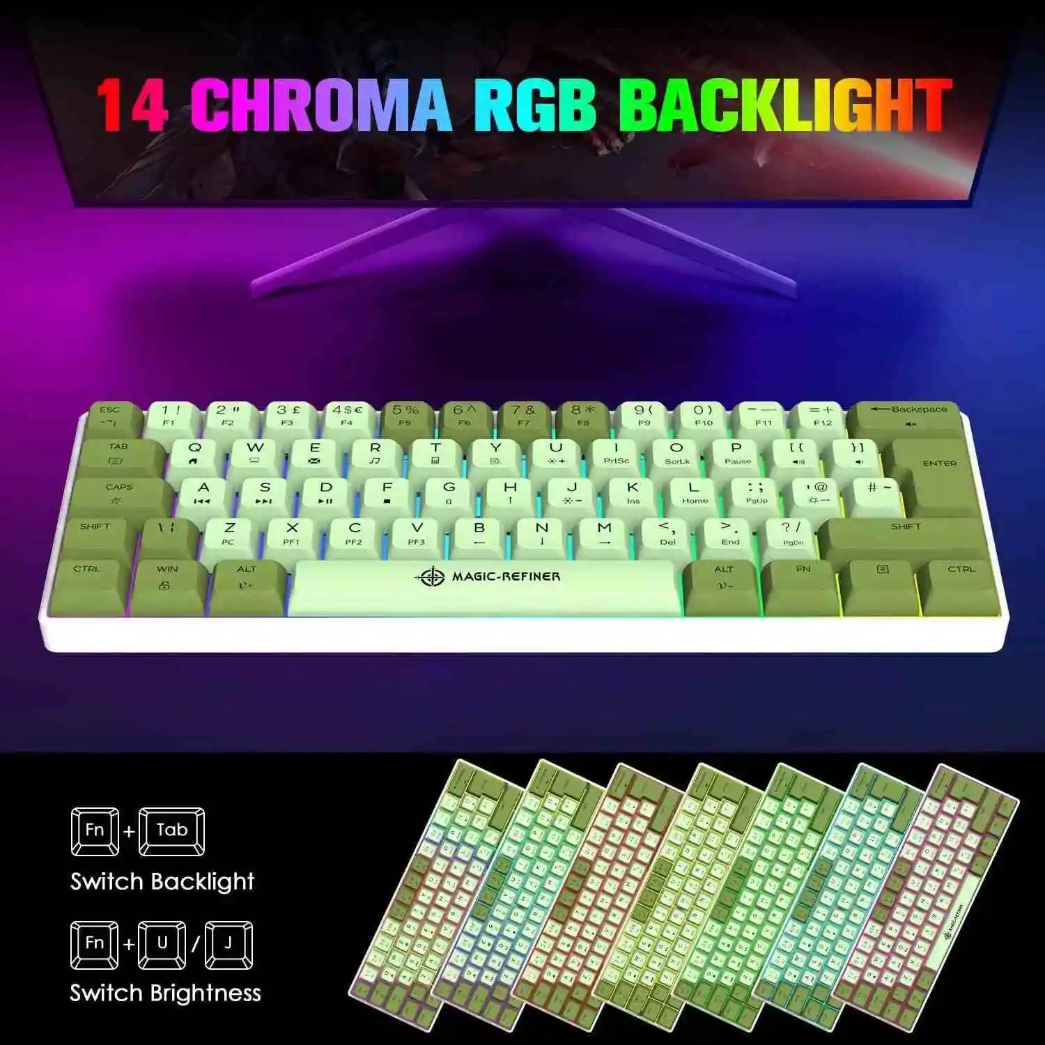 

Small Mechanical Gaming Keyboard Type-c Wired with PBT Dye-subbed Keycaps Rainbow RGB Backlit 60% Layout