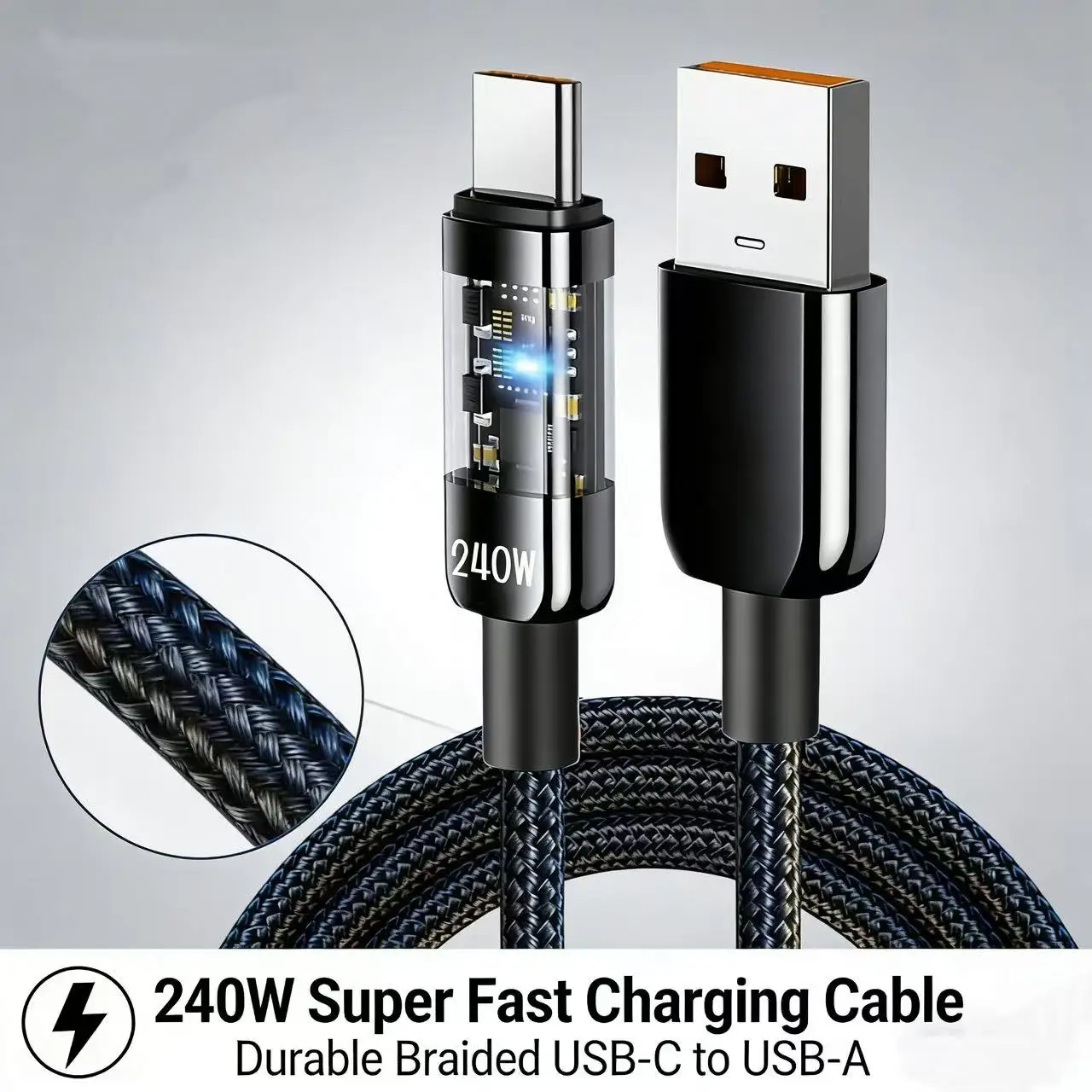2pcs USB C Quick Charging Cable 240W Nylon Braided Transparent Type C High-speed Charger Wire for Samsung Huawei Mi Data Line