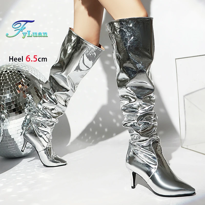 

Осенне-зимние высокие сапоги из лакированной кожи для женщин, серебристые туфли на шпильке 6,5 см для вечеринок в ночном клубе, женские сапоги до колена на высоком каблуке 34-48