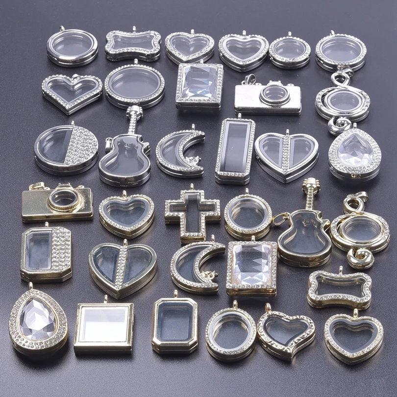 1Pc Mix Assorted Alloy Round Glass Reliquary Photos Holder Locket Pendant Diy Heart Geometric Memory Medaillon Colgantes Jewelry