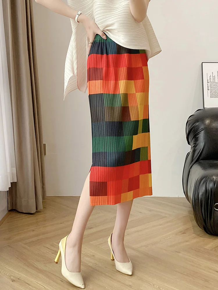 

Summer New Loose Plaid Color Block Design Pleated Half Skirt Women's High Waist A-Line Skirt Polyester Fiber High Elasticity
