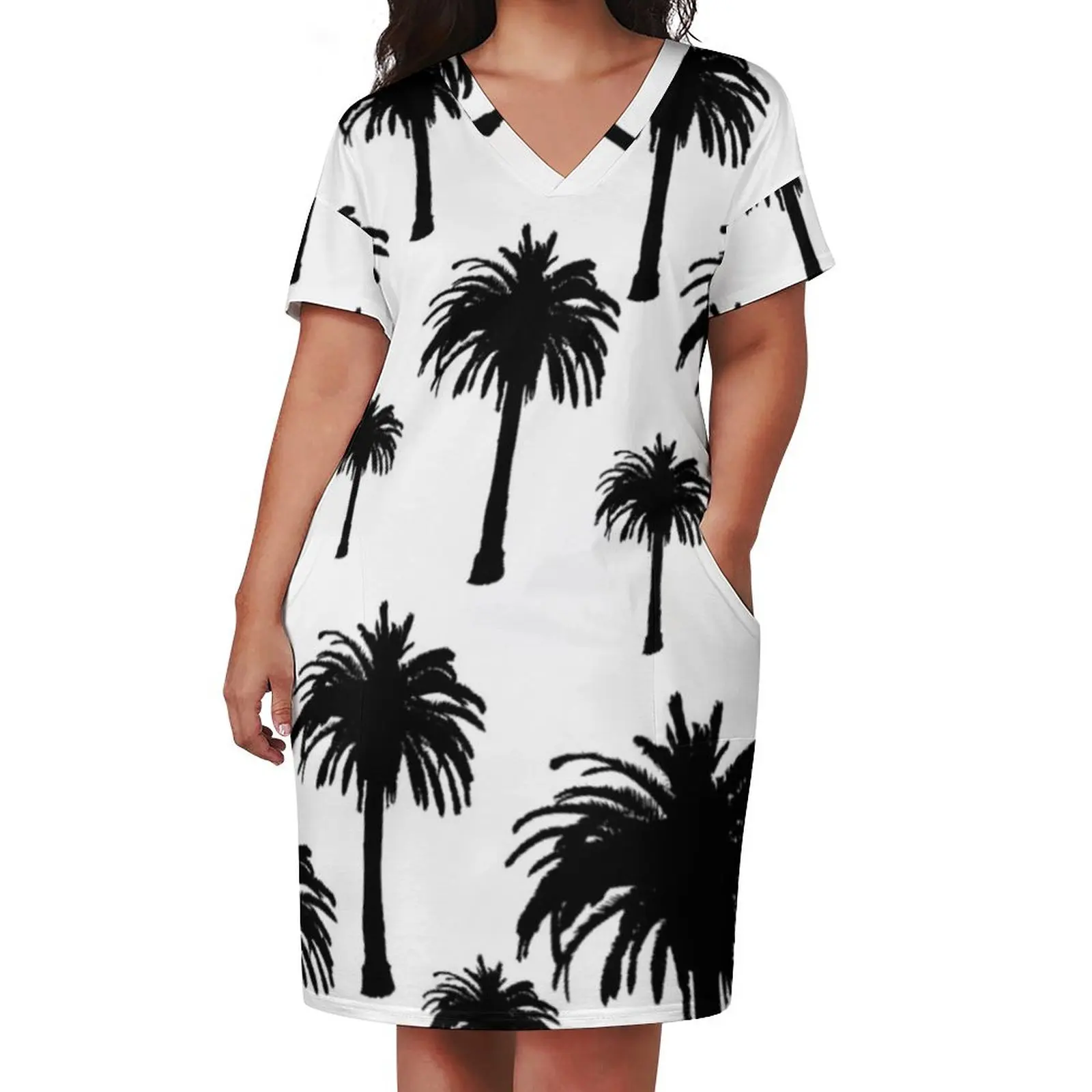 Black and White Palm Tree Print Loose Pocket Dress elegant guest wedding dress women