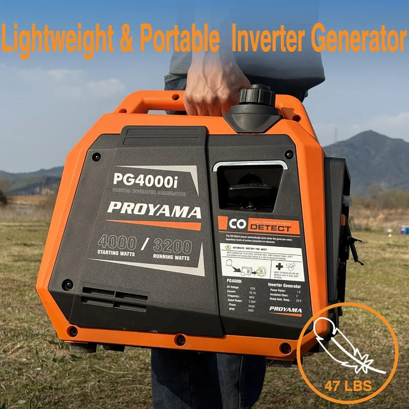 PROYAMA 4000W Portable Gas Inverter Generator, CO Sensor, Digital Interface, RV - Ready, LED Light, ECO - Mode, Parallel Capable