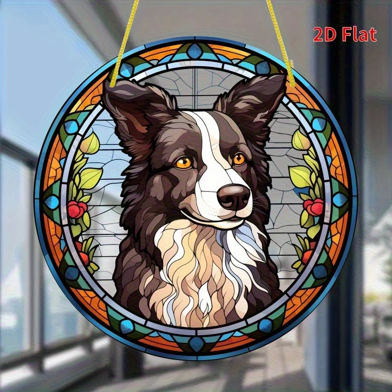2D Flat, 19.81 cm Round Acrylic Sun Catcher - 2D Flat Border Collie Dog Design with Stained Glass Effect, Vibrant Colors, Wall H