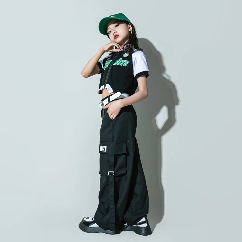 Hip Hop Girls T-shirt Street Dance Black Solid Cargo Pants Children Streetwear Crop Top Clothes Set Kids Sweet Jazz Costumes