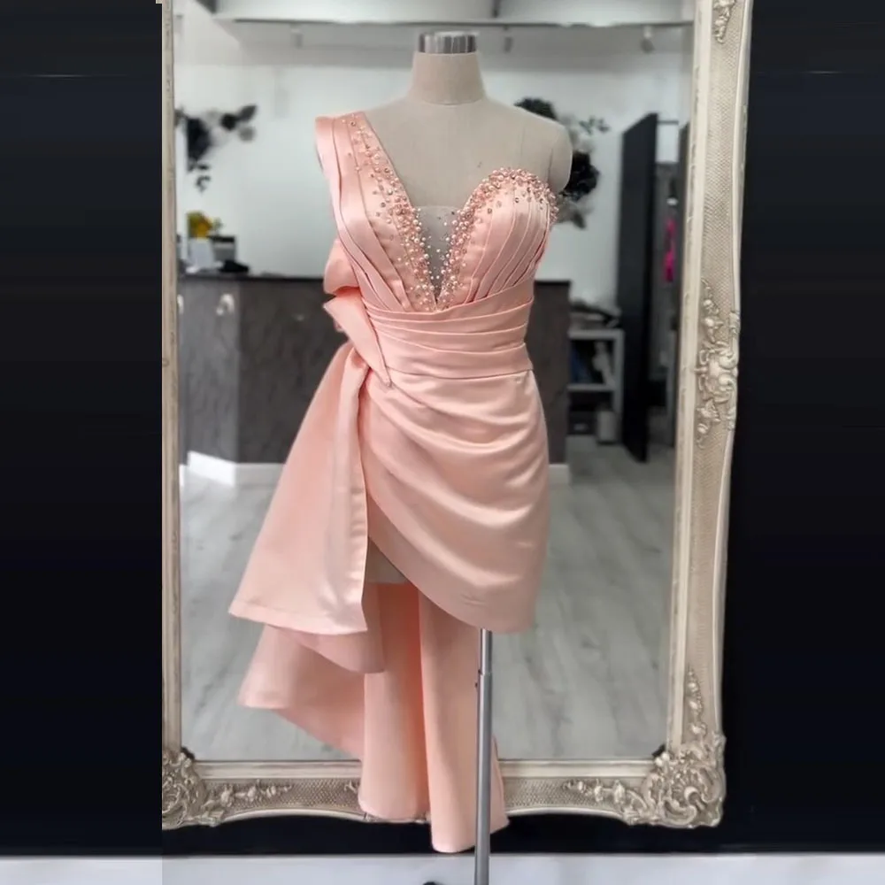 

Mini Short Cocktail Dress Sheath One Shoulder Cocktail Gown For Women Beading Sleeveless Party Gown With Train