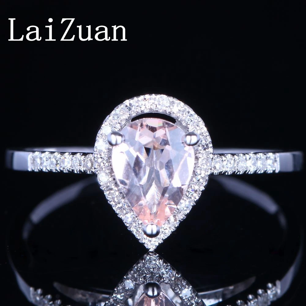 LaiZuan Solid 14K White Gold Pear 5x7mm Genuine Natural Morganite Diamonds Engagement Ring Women Wedding Bride Anniversary Gifts