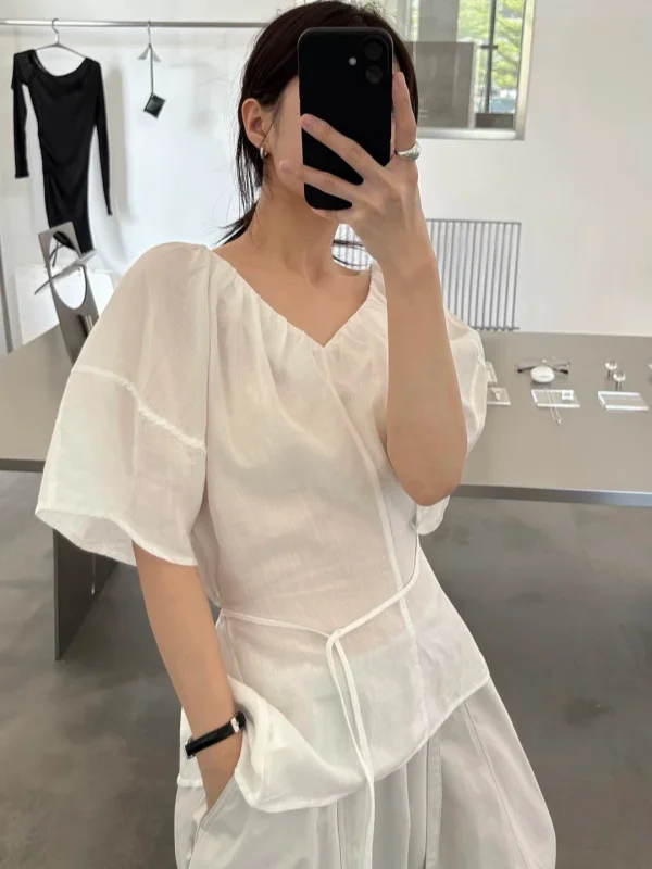 

Korean Style Lazy Women's Shirt Gentle V-neck Side Waist Belt Slimming Hollow out Back Short Sleeve Summer Shirt