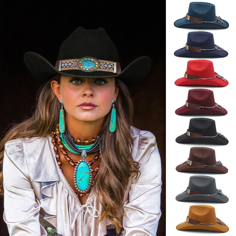 

Men Women Woolen Western Cowboy Hats Wide Brim Sunhats Party Travel Sombrero Outdoor Caps Classical Retro US Size 7 1/4 UK L