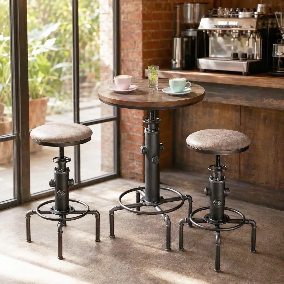 Industrial Bar Table Set Height Adjustable Pub Table & PU Leather Stools for 2, Silver 1 Table 2 Chairs, Customized