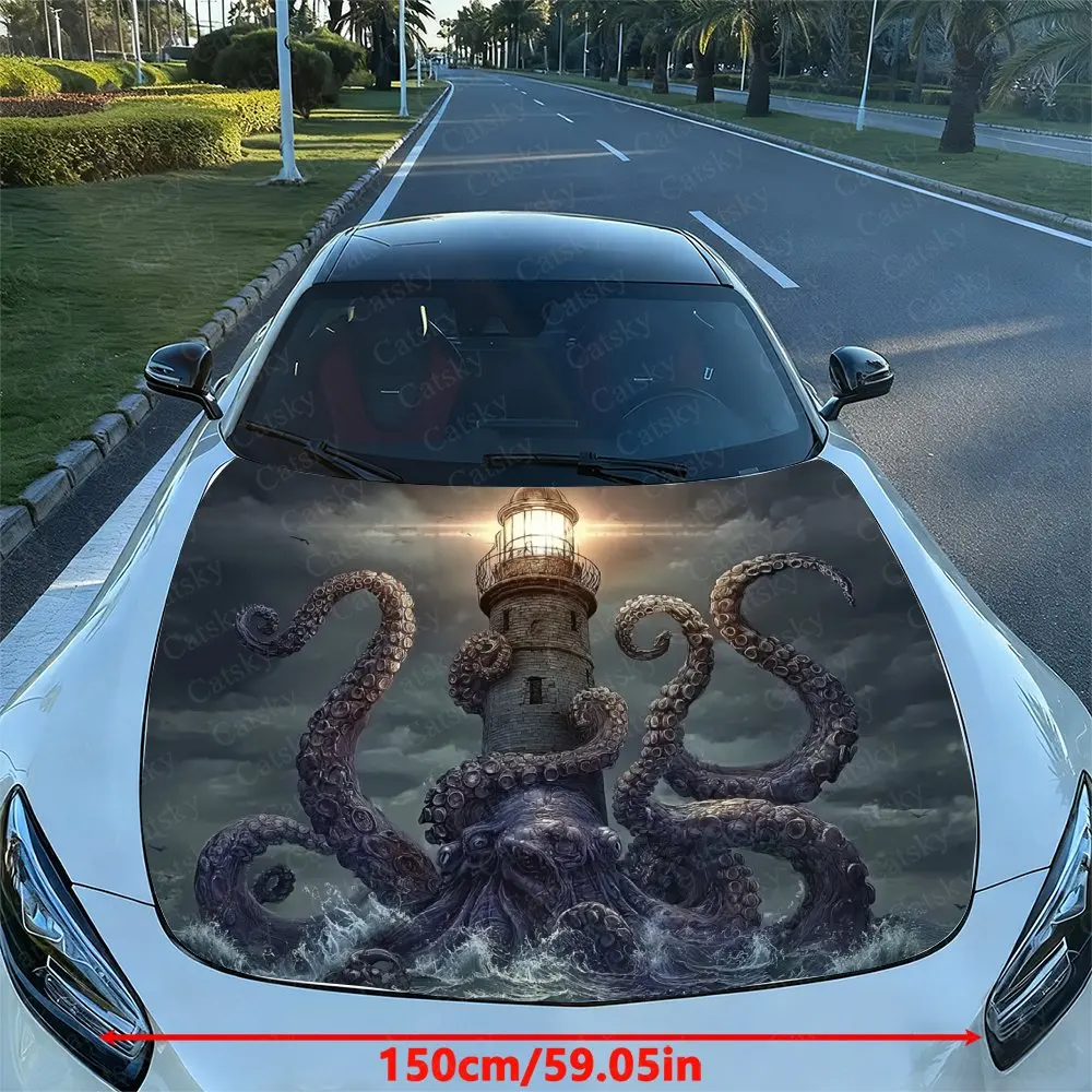Sea Monsters And Lighthouses Car Hood Sticker, Vinyl Film Decal For Vehicle Modification - Waterproof & Scratch-Resistant Self A