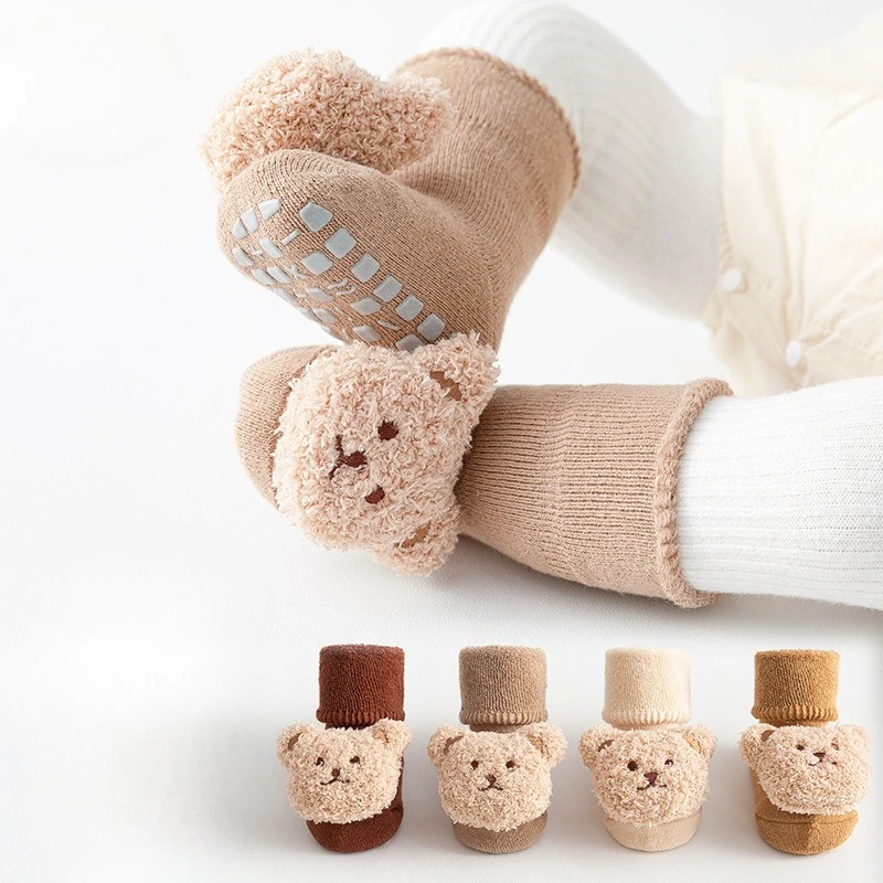 

Зимние теплые детские носки для детей 0-3 лет, хлопковые толстые теплые уютные детские носки с милым мультяшным медведем, нескользящие носки-тапочки для маленьких девочек и мальчиков, новые