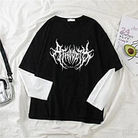 2024 Summer New Dull Black Printed Pullover Top Korean Style Loose-fit Two-piece Illusion Long Sleeve T-shirt Women's Wholesale