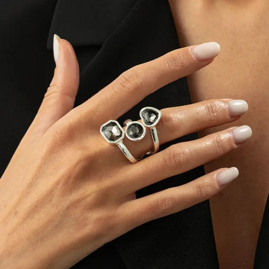 SHIXIN Fashion Acrylic Rhinestone Wide Ring Women Creative Geometric Round Square Heart Knuckle Rings Party Jewelry Accessories