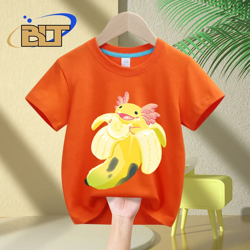 Camiseta infantil de manga curta, vermelha, Axoll, desenho animado estampado, fofo, tops casuais para crianças, meninos e meninas, verão