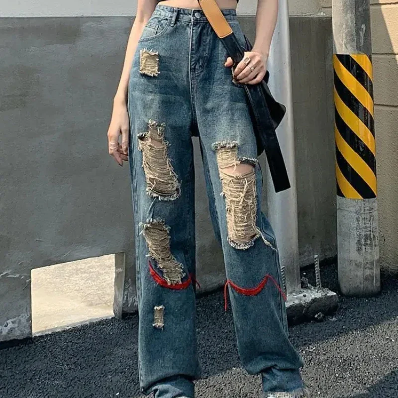 Womens Ripped Jeans High Waist Shot Denim Pants for Women Straight Leg Gyaru Size X Larg Spring Streetwear Xxl R Z Torn Trousers