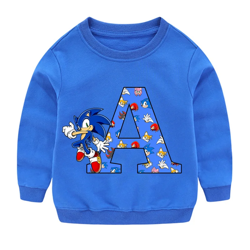 Sonics Clothing for Children Letter A-Z Name Print Sweatshirt Cute Anime Kids Clothes Spring Hoodie Top Boys Trendy Jumpers Gift