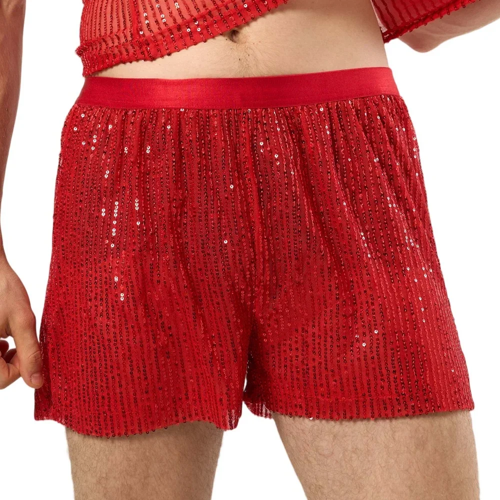 Elastic Waist Shiny Sequin Men Short Pants Night Party Performance Stage Dance Bottoms Casual Loose Solid Color Stylish Shorts