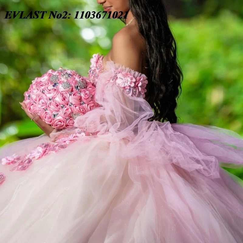 EVLAST Maßgeschneidertes glitzerndes rosa Blumen-Quinceanera-Kleid, Ballkleid, Applikation, Perlenschleife, Mexiko, Sweet 16, Vestidos 15 Anos E2QA231