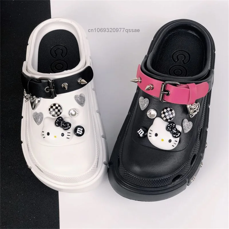 Dark Hello Kitty Punk Style Rivet Belt Hole Slippers Shoes Punk Female Summer Thick Sole Y2K Subcultural Outwear Sandal Slippers