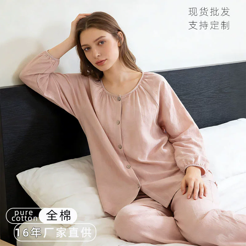 Breathable Cotton Linen Pajama Set Women Long Sleeve Round Neck Plain Sleepwear Loose Comfy HomeWear Natural Fabric Eco-Friendly