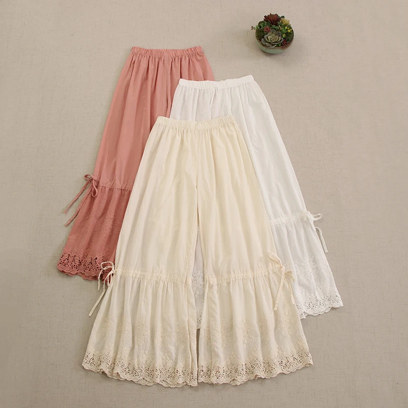 

Japan Style Sweet Mori Girl Lace Embroidery Hem Cotton Wide Leg Pants Women Autumn New Elasic Waist Casual Loose Trousers