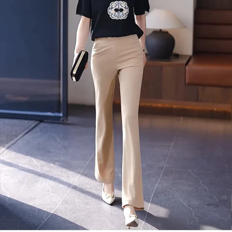 

Commute Flare Trousers Trouser Suits Solid Color Pocket Button Women's Clothing Elastic High Waisted Casual Spring Autumn Pants