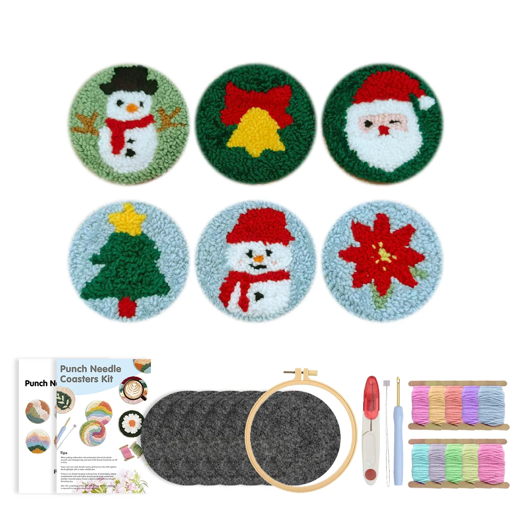 Easy Punch Needle Christmas Coaster Embroidery Set Creativit Modern Mats Coasters Set Adult Crafts 6pcs Diy Kits Gifts