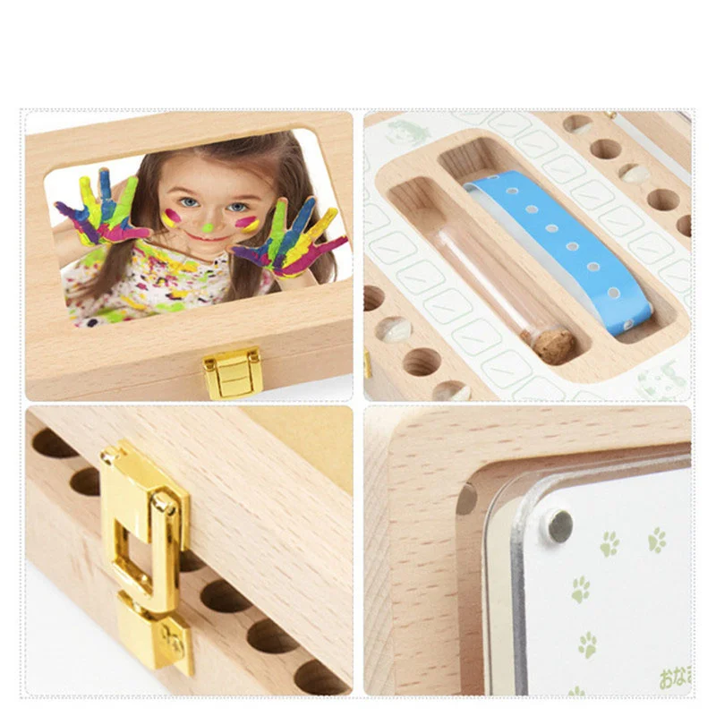 Baby Wood Tooth Box Organizer lingua di conservazione dei denti del latte inglese raccogliere i denti ombelico capelli fetali salva regali scatola dei denti del bambino