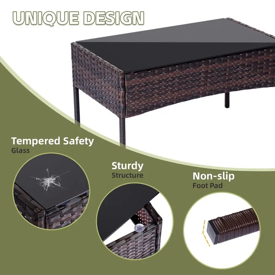 Furniture Set 4 Pieces, Outdoor Rattan Furniture with Tempered Glass Coffee Table, Modern Rattan Patio Chairs Conversation Sets