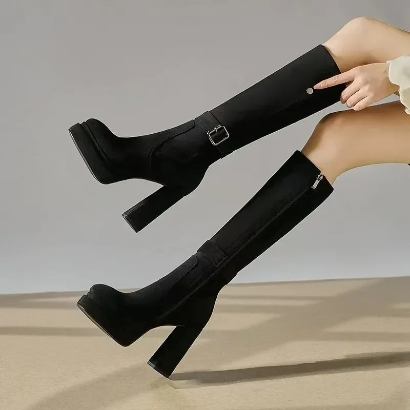 Women Platform Thick High Heel 2025 New Autumn and Winter Stretch Boots Round Toe Long Thigh Boots