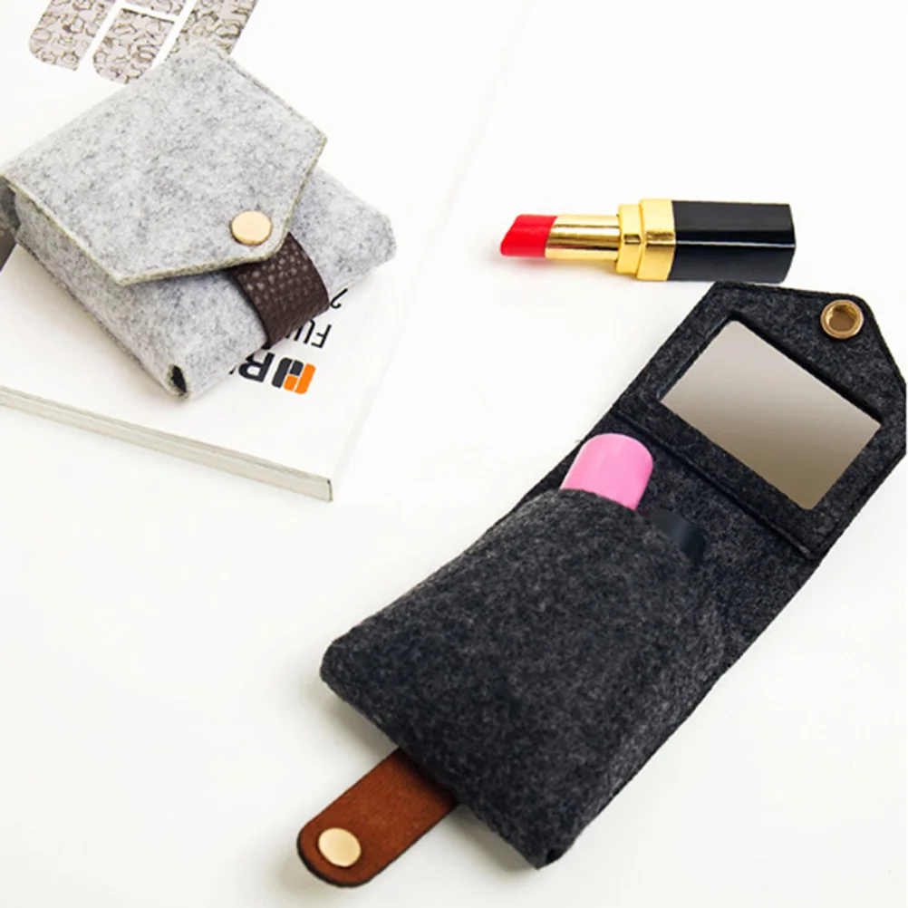 

Mini Dark Grey Lipstick Storage Pouch Felt Makeup Bag Portable Snap Button Compact Case with Mirror Lipstick Storage Pouch