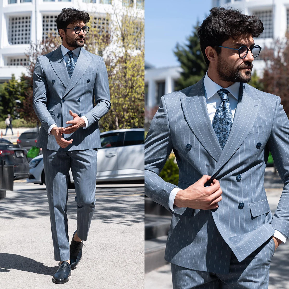 Modern Men's Suit 2 Pieces Blazer Pants Double Breasted Peaked Lapel Pinstripes Work Wedding Groom Costume Homme Customized