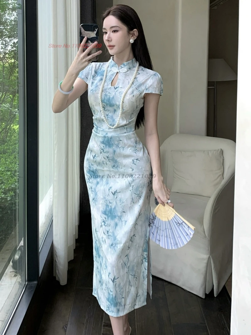 

2025 chinese sexy nightclub dress improved cheongsam traditional flower print jacquard qipao dress retro evening banquet dress